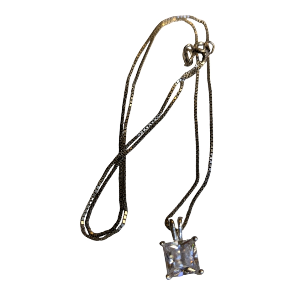 925 Italian Sterling Silver Chain Necklace with White Gemstone 💎 Pendant